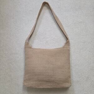 Lina Boho Crochet Woven Shoulder Bag Tote Top Zipper Pockets Wheat Tan